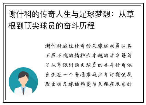 谢什科的传奇人生与足球梦想：从草根到顶尖球员的奋斗历程